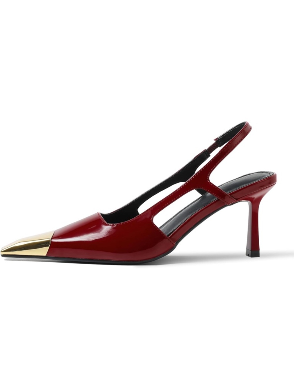 Muilusi Red Slingback Kitten Heel Pumps with Gold Pointed Toe
